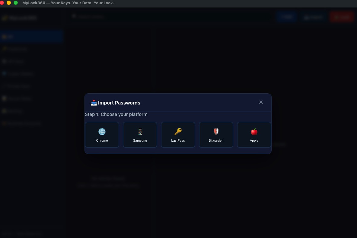 MyLock360 Import Screen